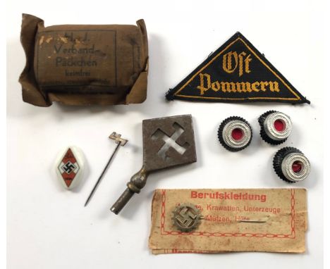 German Third Reich assorted badges and stickpinsGood Hitler Youth cloth triangle embroidered in golden yellow  “Ost Pommern” 