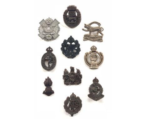 10 WW2 plastic economy cap badges.Highland Light Infantry ... York &amp; Lancs ... Leicestershire ... RC OF Signals ... RAF .