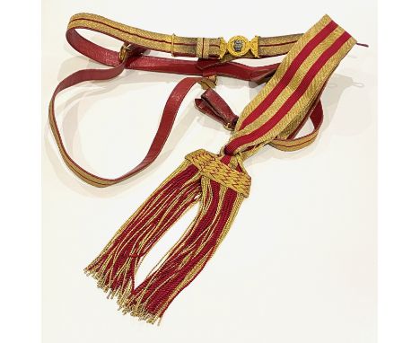 Infantry Officer’s Victorian Levée Dress Waist Belt and Sash.A fine set. Narrow belt of gold-laced crimson leather, the lace 