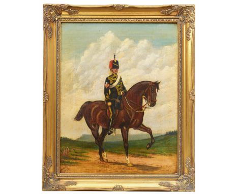 10th Royal Hussars Oil Painting of a Mounted Sergeant.This oil on canvas portrait depicts a Sergeant mounted upon his horse. 