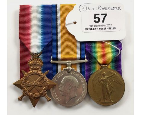 WW1 York &amp; Lancs Regiment Group of Three Medals.Awarded to “12057 PTE J. R. RAMSBOTTOM Y&amp;L R”. Comprising: 1914/15 St