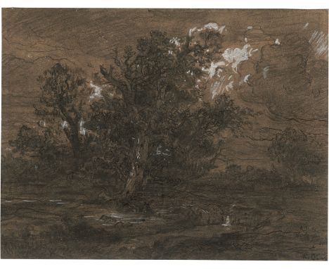 Buchholz, Karl -- Baumlandschaft im Weimarer Land bei Nachteinbruch.Schwarze Kreide auf braun grundiertem Papier, weiß gehöht