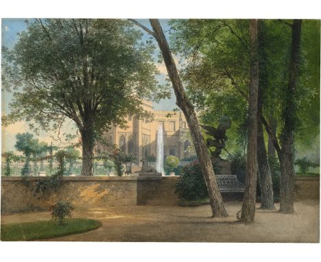 Graeb, Carl Georg Anton -- Ansicht des Schlosses Babelsberg mit dem Schinkeloktogon von Westen aus.Aquarell. 24,8 x 35,2 cm. 