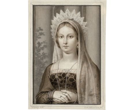 Schnorr von Carolsfeld, Veit Hanns -- Dame mit Schleier und Spitzenhaube.Pinsel und Feder in Braun über Bleistift, mit Deckwe