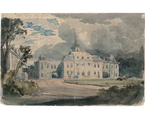 Hummel, Carl Maria Nikolaus -- Blick auf Schloss Belvedere in Weimar.Aquarell über Bleistift, verso gerötelt, teils gegriffel