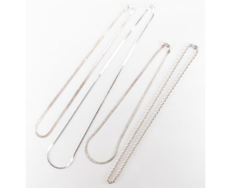 A collection of four 925 silver chain necklaces. The necklaces to include mesh and flat link chain. Total weight 32.8g Length