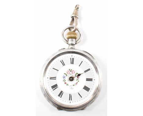 A silver hallmarked fob pocket watch. The watch having a round face with white dial and arabic numerals to the chapter ring w