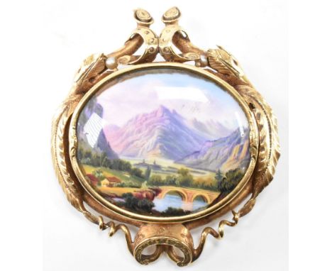 A Victorian gold pearl porcelain Swiss landscape enamel brooch pin. The brooch set with an enamelled enamelled porcelain moun