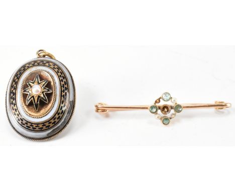 A Victorian gold and enamel locket pendant&nbsp; (af) together with an 18ct gold and emerald and pearl brooch pin (af). Locke