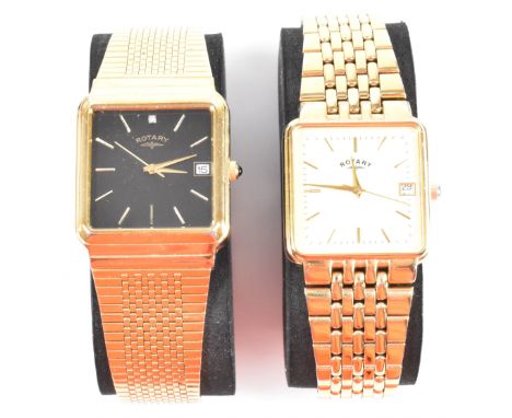 Two Rotary quartz gents wrist watches. Each being held on a yellow metal strap. The first having a black face with yellow met
