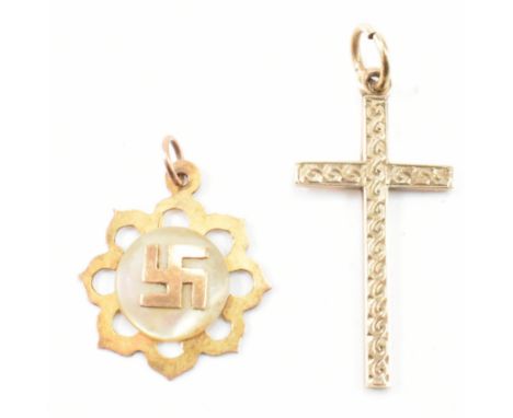 Two vintage gold pendants. The lot to include a 9ct gold crucifix pendant (hallmarked Chester 1941), and a mother of pearl Bu