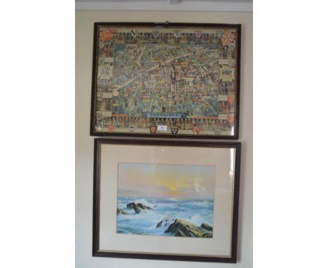A coloured map of Cambridge and a print of a coastline