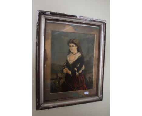 A Victorian coloured print in gilt picture frame, a poster &amp; gilt frame and an oil on canvas still life study