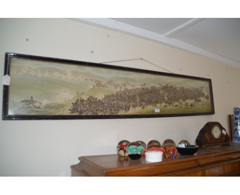 A print of "The Charge of the Light Brigade"; a framed collection of cigarette cards depicting railway engines and a coloured