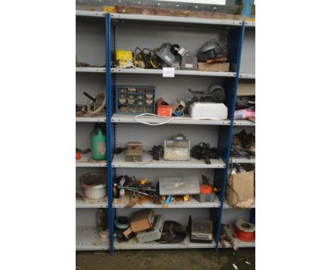 Various tools, quantity of spot lights, small set of drawers, car horn, old car radio etc.