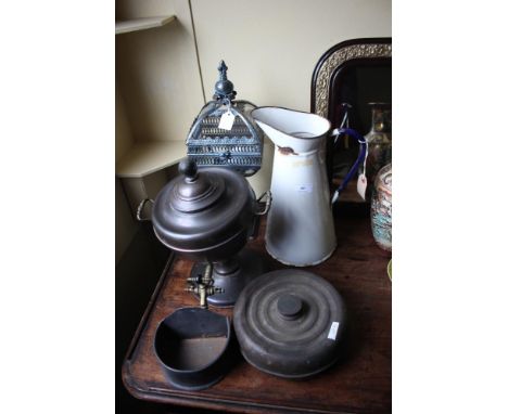 A copper Samovar, a copper hot water bottle, an enamel jug, an old lamp etc.