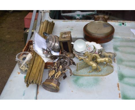 A plated teapot, plated salt and pepper, small brass carriage clock, set of brass stair-rods, a small quantity of cutlery, or