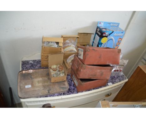 A quantity of various onyx napkin holders, pots and covers, a plated drinks tray, an indoor t.v. antenna, an oak fire screen 