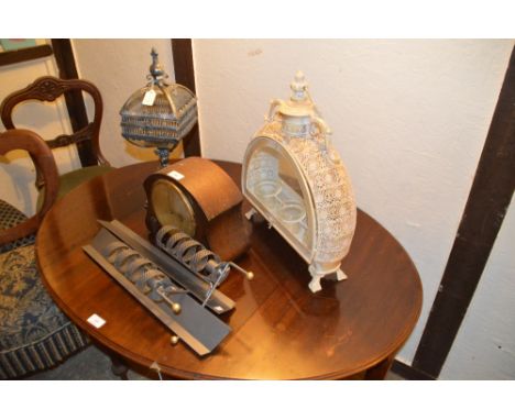 A 1930's oak cased mantel clock, an Oriental style candle lamp, a table lamp and a pair of candle holders