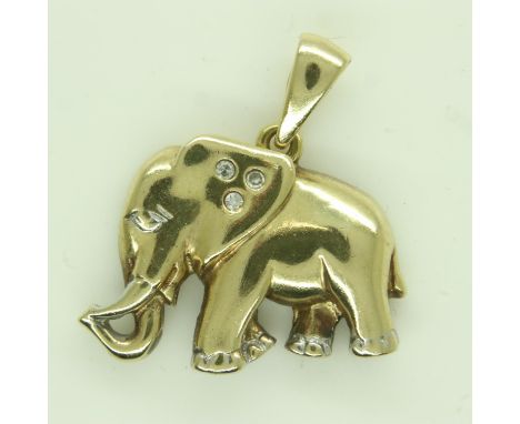 9ct gold diamond set elephant pendant, drop L: 23 mm, 2.2g. UK P&amp;P Group 0 (£6+VAT for the first lot and £1+VAT for subse