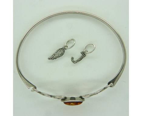 Pandora amber set bangle with two small silver charms. UK P&amp;P Group 1 (£16+VAT for the first lot and £2+VAT for subsequen