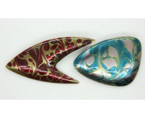 Two Aristide Gagnon Quebec Canada 1970s handmade copper enamel brooches. UK P&amp;P Group 0 (£6+VAT for the first lot and £1+