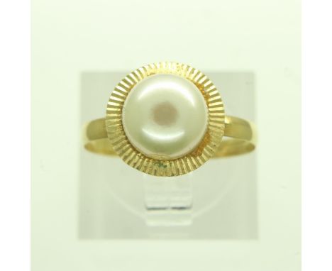 Continental gold pearl set ring, size M, 1.5g, marks indistinct. UK P&amp;P Group 0 (£6+VAT for the first lot and £1+VAT for 