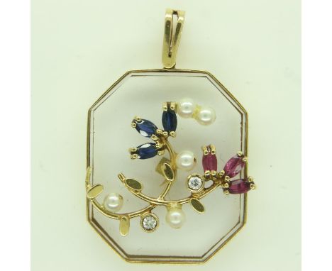 18ct gold diamond, ruby, sapphire and pearl set pendant, drop L: 32 mm. UK P&amp;P Group 0 (£6+VAT for the first lot and £1+V