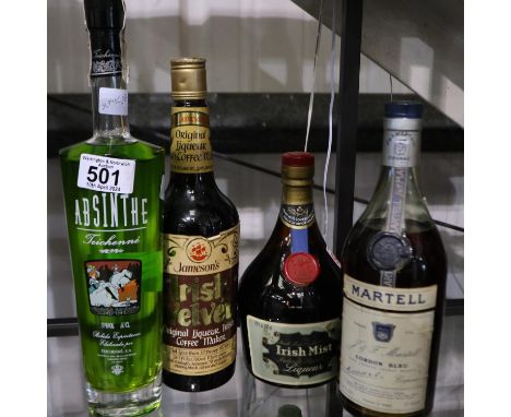 Bottle of Martell Cordon Bleu cognac and three other bottles. Not available for in-house P&amp;P 