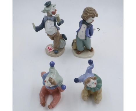 Four Nao clown figurines, largest H: 18 cm, no chips or cracks. UK P&amp;P Group 3 (£30+VAT for the first lot and £8+VAT for 