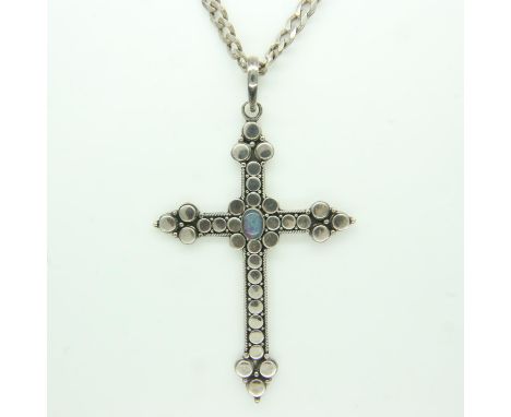 Shakti 925 silver cross with black opal necklace, pendant H: 70 mm, L: 50 cm, 28g. UK P&amp;P Group 1 (£16+VAT for the first 