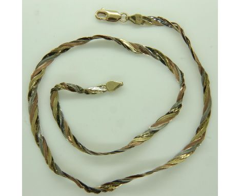 9ct tri-gold necklace, damaged, 6.3g. UK P&amp;P Group 0 (£6+VAT for the first lot and £1+VAT for subsequent lots) 