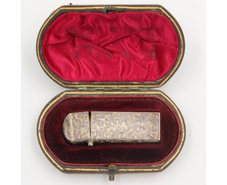 Victorian crystal hallmarked silver scent bottle with stopper in a fitted case, Birmingham assay, H: 60 mm. UK P&amp;P Group 