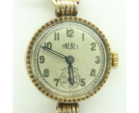 9ct gold ladies wristwatch by Trebex on a yellow metal bracelet, total weight 15.0g. UK P&amp;P Group 1 (£16+VAT for the firs