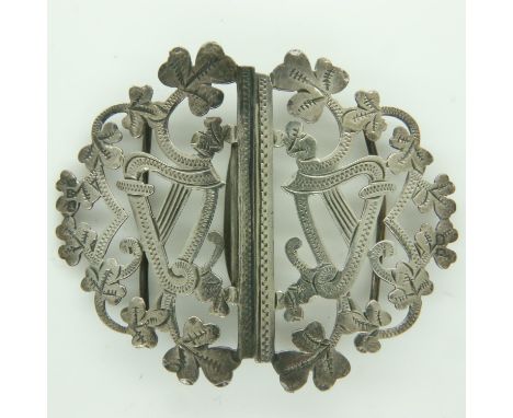 Hallmarked silver nurses belt buckle with harp decoration, Chester assay, 15g. UK P&amp;P Group 0 (£6+VAT for the first lot a
