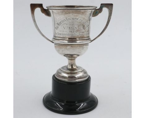 Hallmarked silver trophy on plinth with 1931 engraving, 64g. UK P&amp;P Group 1 (£16+VAT for the first lot and £2+VAT for sub