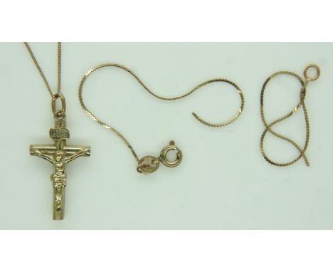 9ct gold chain and cross with a further broken chain. 1.6g. UK P&amp;P Group 0 (£6+VAT for the first lot and £1+VAT for subse