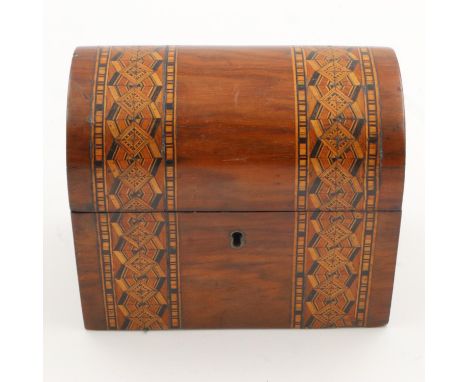 Inlaid walnut chest, tea caddy with key, H: 15 cm. UK P&amp;P Group 2 (£20+VAT for the first lot and £4+VAT for subsequent lo
