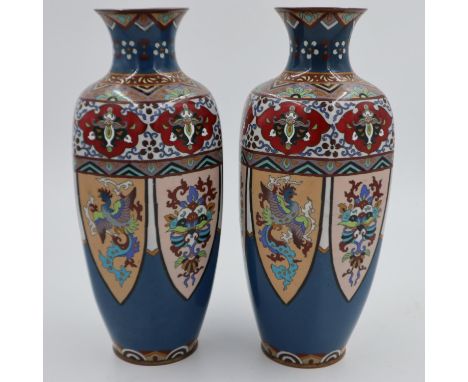 Pair of late 19th/early 20th century hexagonal cloisonné vases, decorated with mythical birds and flora, each H: 28 cm, some 