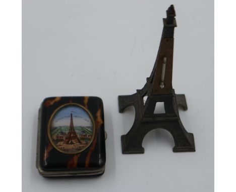 1889 Paris exposition tortoiseshell purse and a cast metal Eiffel Tower thermometer. UK P&amp;P Group 1 (£16+VAT for the firs