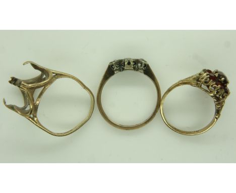 Three 9ct gold rings, all with missing stones, combined 5.8g. UK P&amp;P Group 0 (£6+VAT for the first lot and £1+VAT for sub