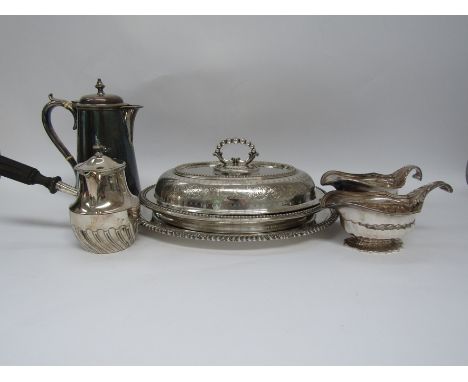 Elkington. An oblong crested Elkington plated entree dish, cover and stand togeher with a pair of Elkington sauceboats with s