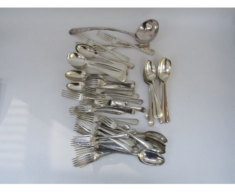 Elkington. A collection of 19th century Elkington flatware including, in Old English Bright-Cut Edge pattern, fifteen table f