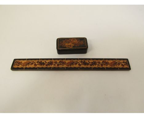 A Tunbridgeware 9" bevel-edged ruler, the top with repeated floral mosaics in a chequer border and a Tunbridge ware snuff box