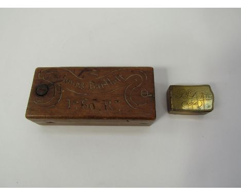 Military. A hand-carved and whittled box with swing lid, bearing the carved name of "James Barlett" in a flourishing scroll a