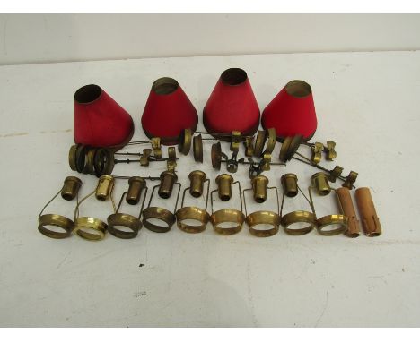 Candle lamp fittings: Eleven brass clip-on candle shades, nine brass candle shade holders and forty maroon lampshades (20 ite