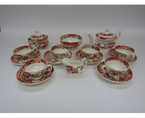 A miniature porcelain tea service in the 'London' shape comprising teapot, sugar box, creamer, waste bowl, six cups and sauce