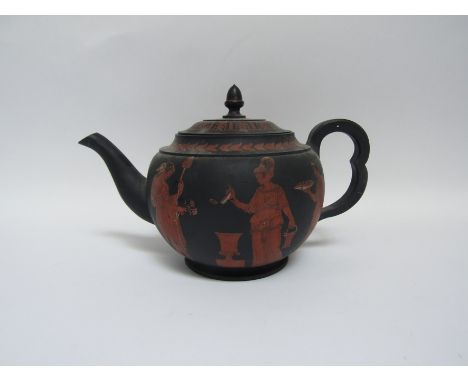 An early 19th century black basalt teapot and cover, the globular body painted in 'Etruscan' orange enamel depicting classica