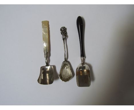 A 19th century silver shovel caddy spoon with mother-of-pearl engraved handle, George Unite, Birmingham 1842, an unmarked Geo