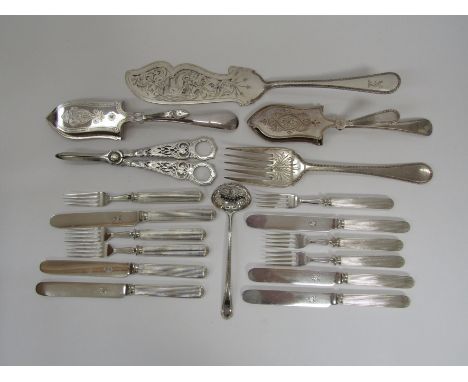 Elkington. A group of Elkington serving items including a pair of grape shears (1882) asparagus servers (1851) and another pa